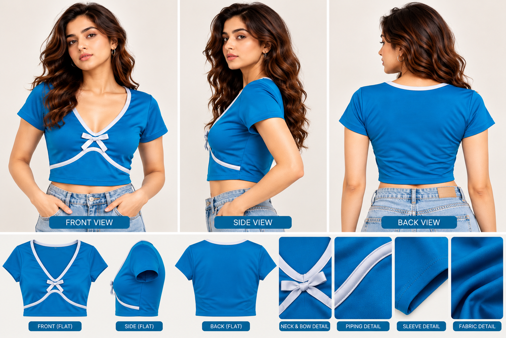 ZOVV Women's Blue V-Neck Crop Top with Bow Detail