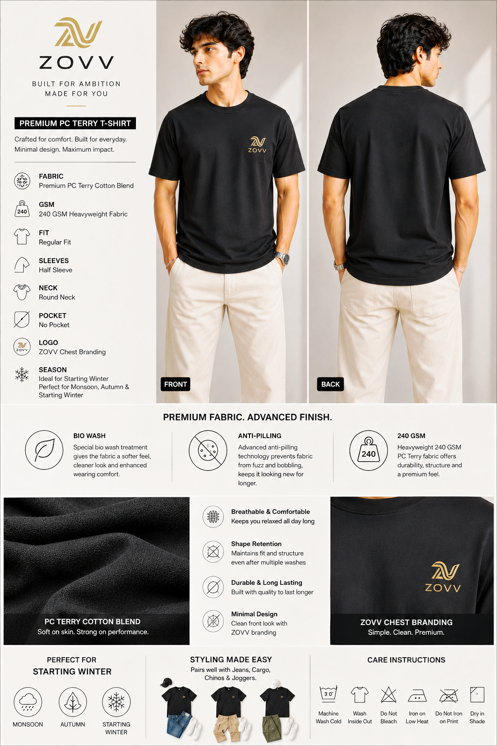 Premium Black Cotton T-Shirt for Men | Regular Fit Round Neck