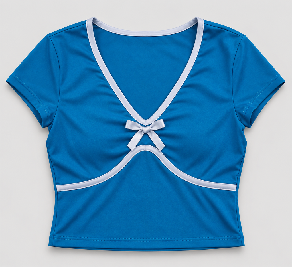 ZOVV Women's Blue V-Neck Crop Top with Bow Detail